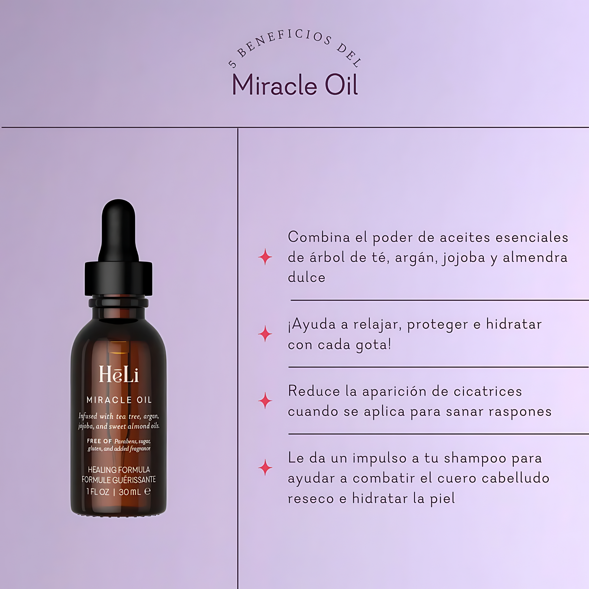 HēLi Miracle Oil es la solución perfecta para quienes buscan un producto todo en uno que ofrezca cuidado y protección para la piel. Con su fórmula rica en aceites esenciales, este aceite multipropósito se convierte en un imprescindible en tu rutina de cuidado personal, ayudando a mantener tu piel hidratada, protegida y saludable. ¡Descubre el poder de la naturaleza con cada gota de Miracle Oil!