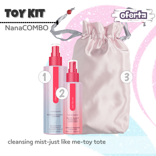 NanaCombo Toy Kit: Lubricante, spray limpiador y bolsa discreta para cuidar, limpiar y almacenar tus juguetes de forma segura y cómoda.