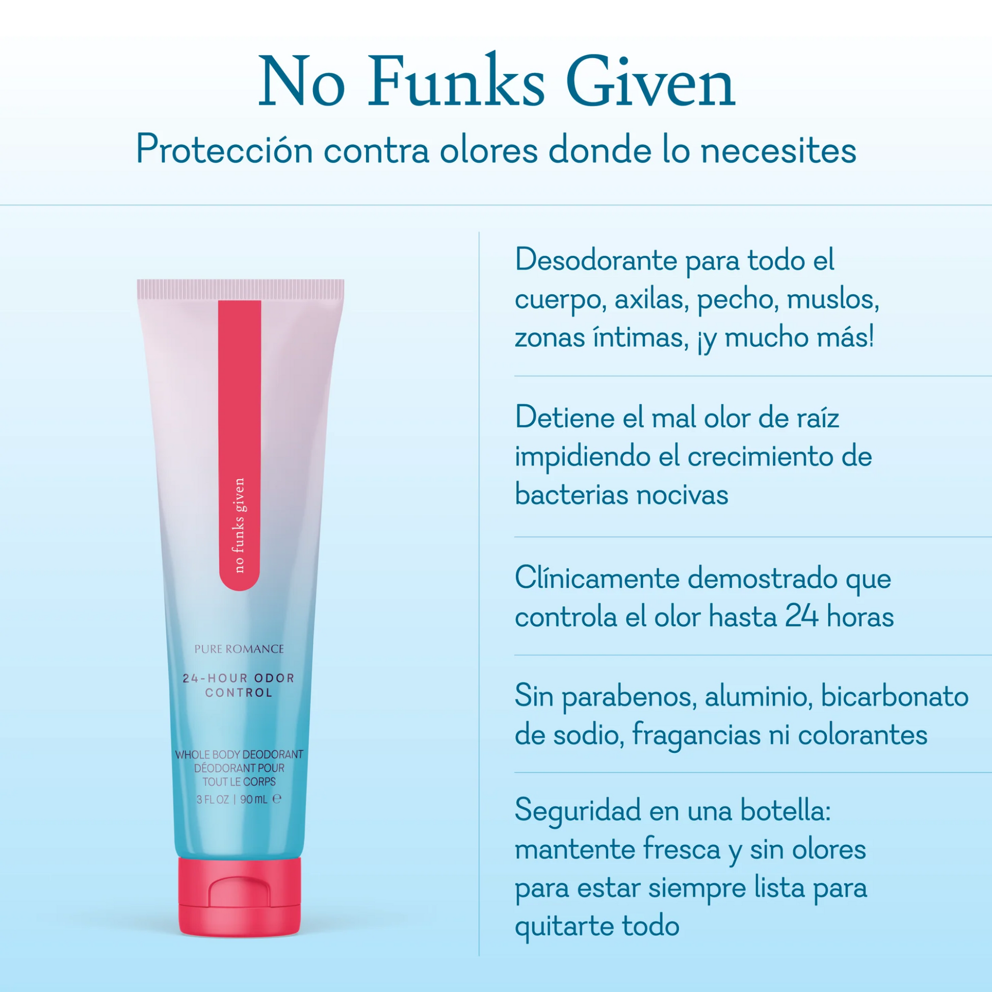 Con No Funks Given, disfruta de una protección integral, manteniendo tu piel fresca, saludable y libre de malos olores, sea cual sea el momento del día.